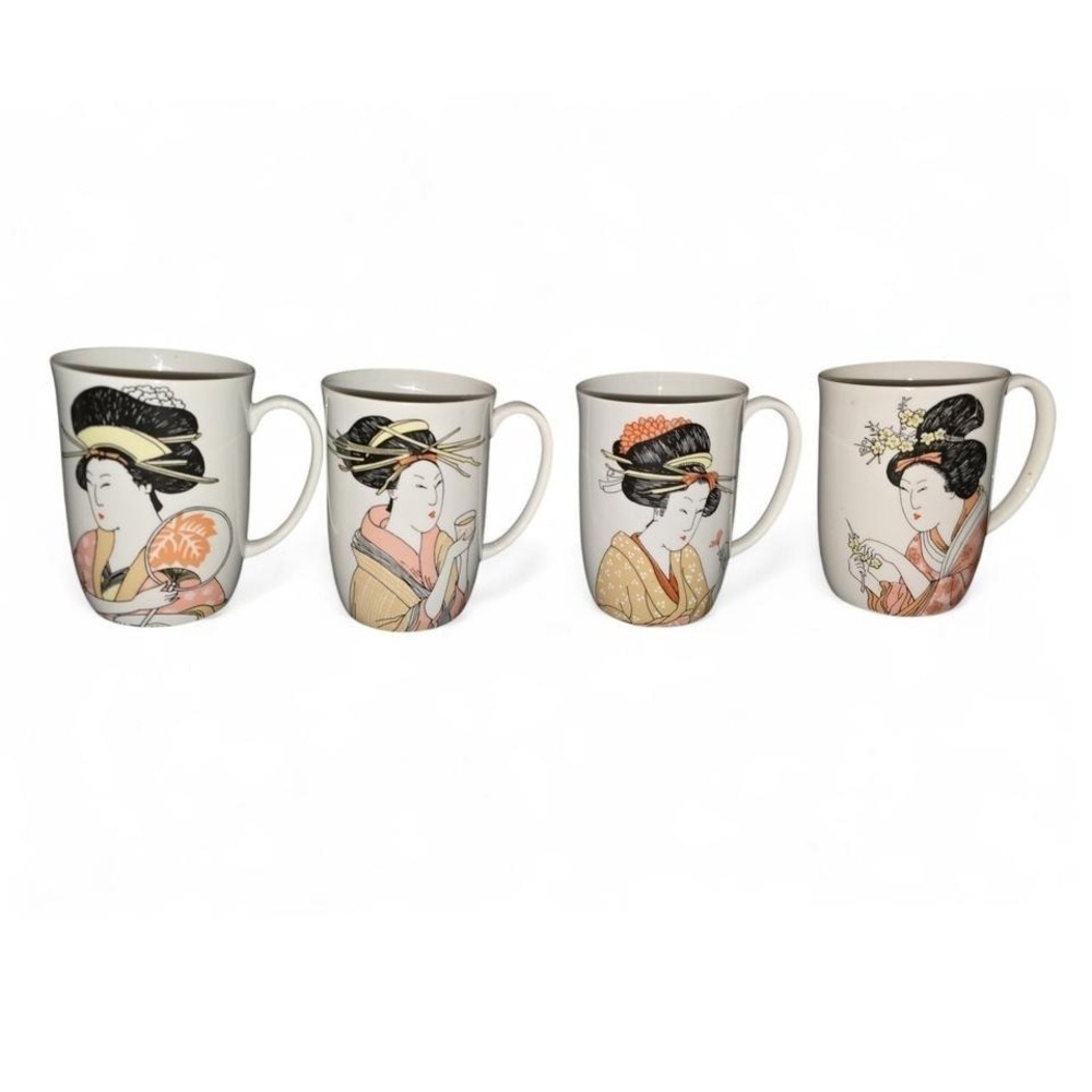 Set of 4 Fitz and Floyd Japanese Geisha Mugs Beautiful Porcelain Coffee Tea Cups